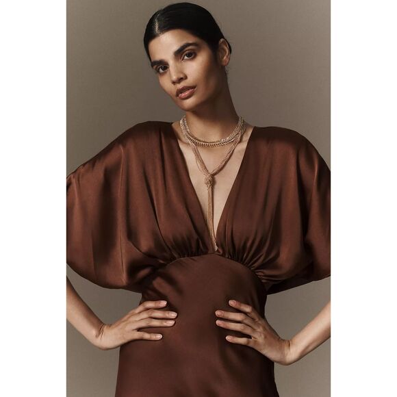 BHLDN Anthropologie Leila Dress Gown Satin Deep V Chocolate Size 2 - Picture 3 of 11